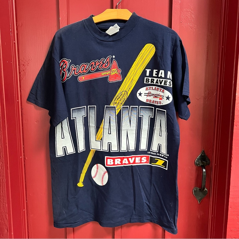 Vtg 90s Atlanta Braves T-Shirt Men's Large Lou Brock 1997 Big Graphic Navy Blue